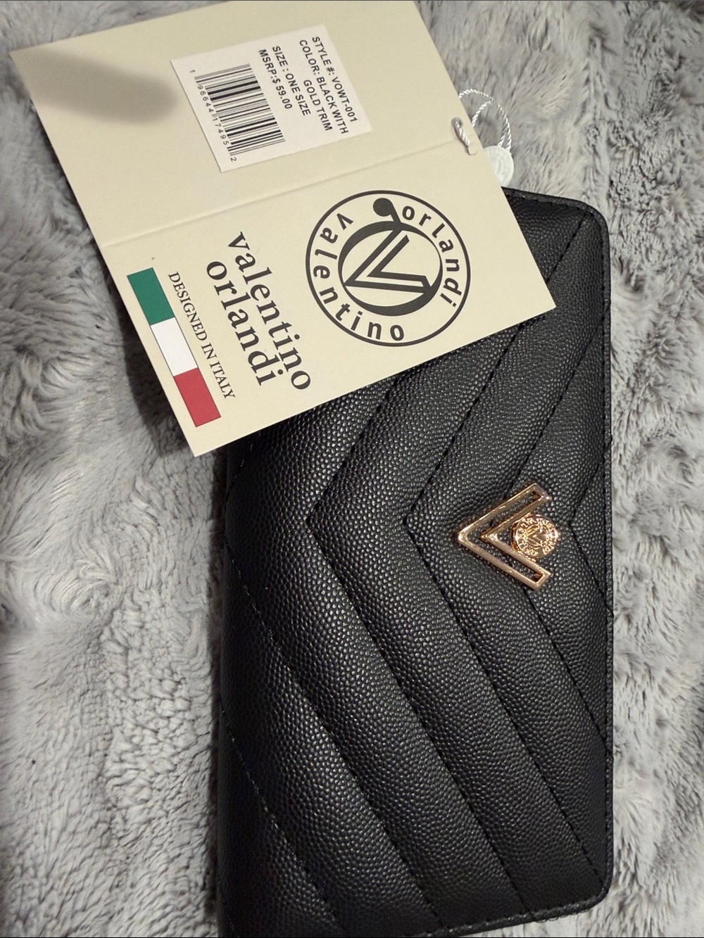 Valentino Orlandi Black Quilted Wallet with Gold V Emblem